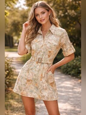 Zimmermann Floral Print Belted Mini Dress in Beige and Sage